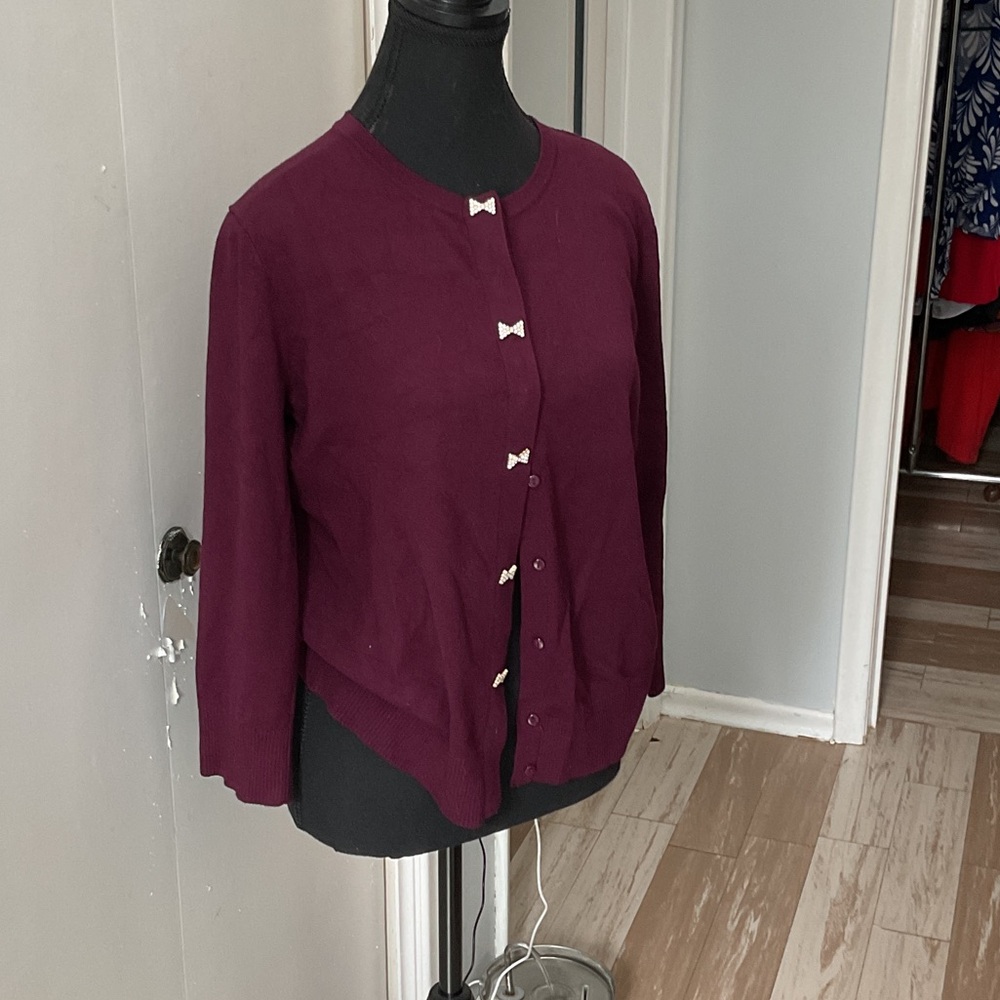 P463.  Plum Rhinestone Bow-Accent Cardigan